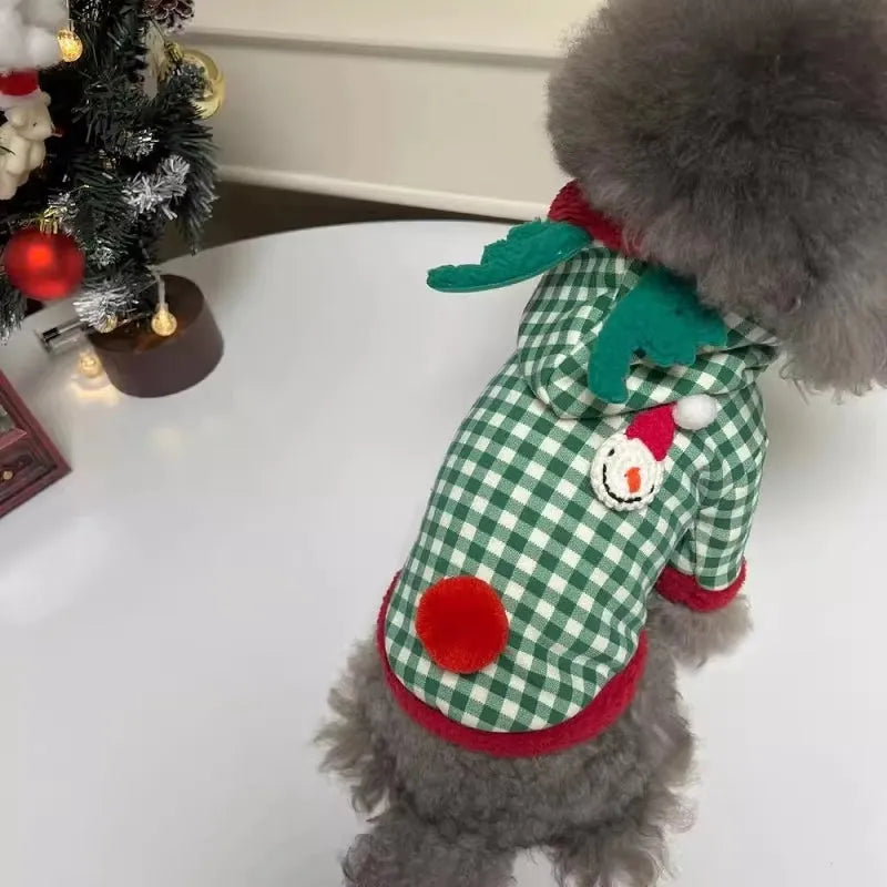 Plaid dog hoodie and Christmas pet princess dress in milk silk fabric, snowman pattern, sizes XS-XXL for small dogs and cats