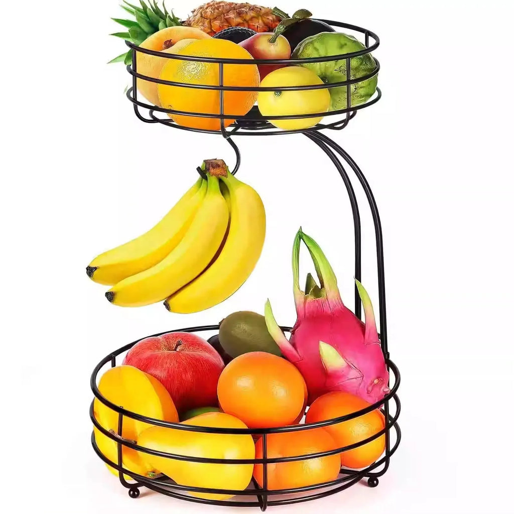Black double-layer wrought iron fruit basket with two stacking tiers for fruit and vegetable storage