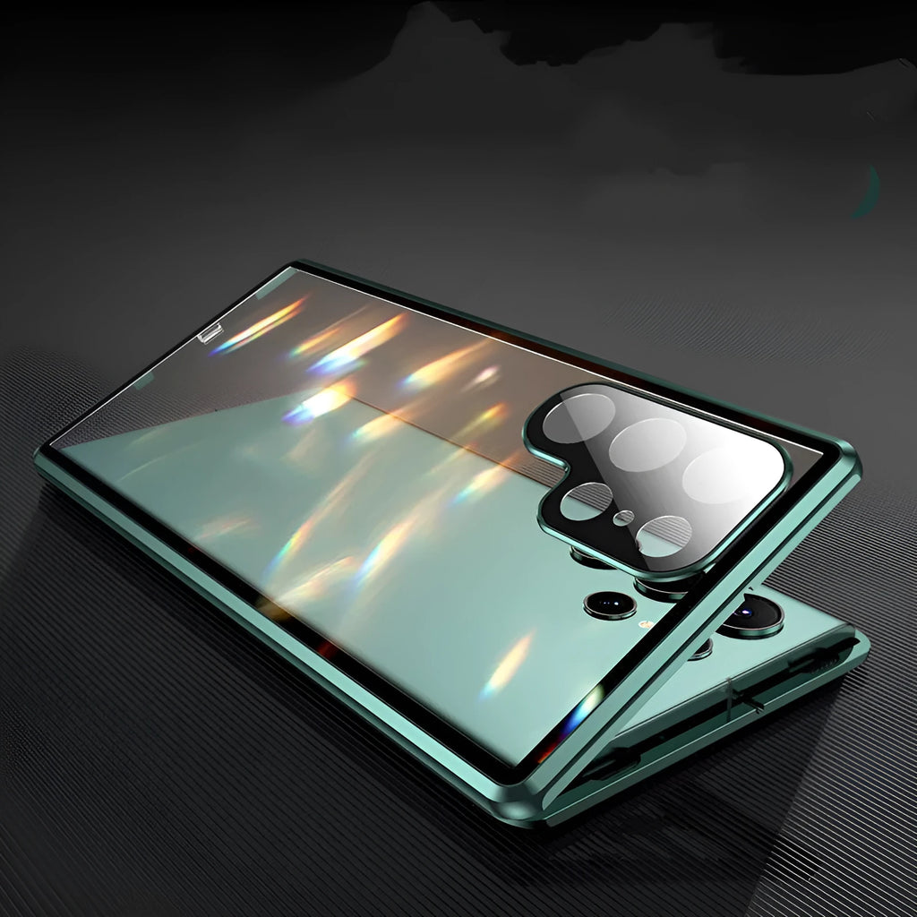 Snap On Magnet King glass mirror phone case for Samsung Galaxy S23 Ultra, metal frame, glass back, magnetic, black