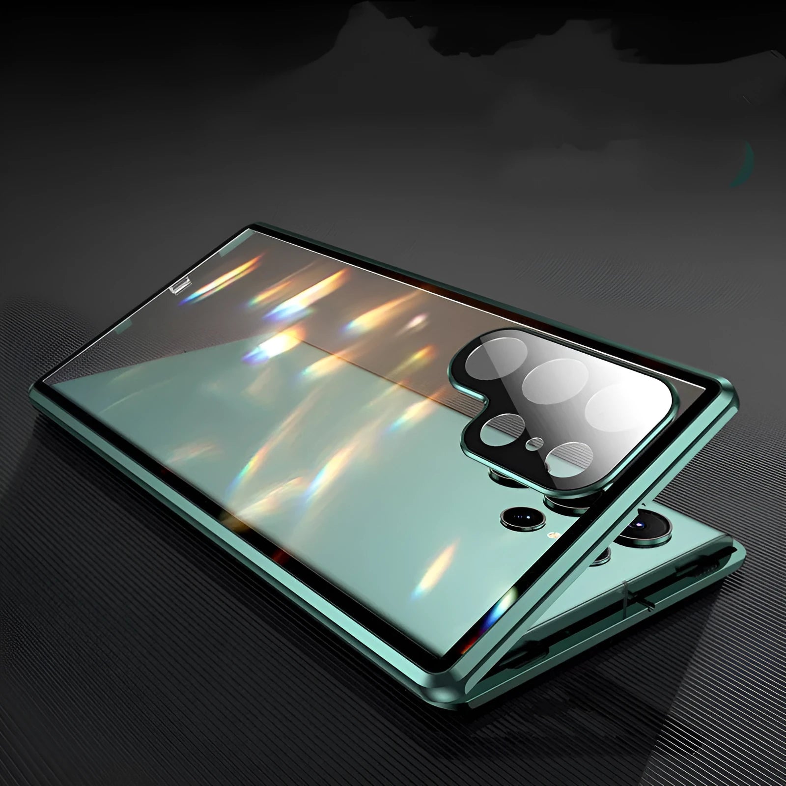 Snap On Magnet King glass mirror phone case for Samsung Galaxy S23 Ultra, metal frame, glass back, magnetic, black