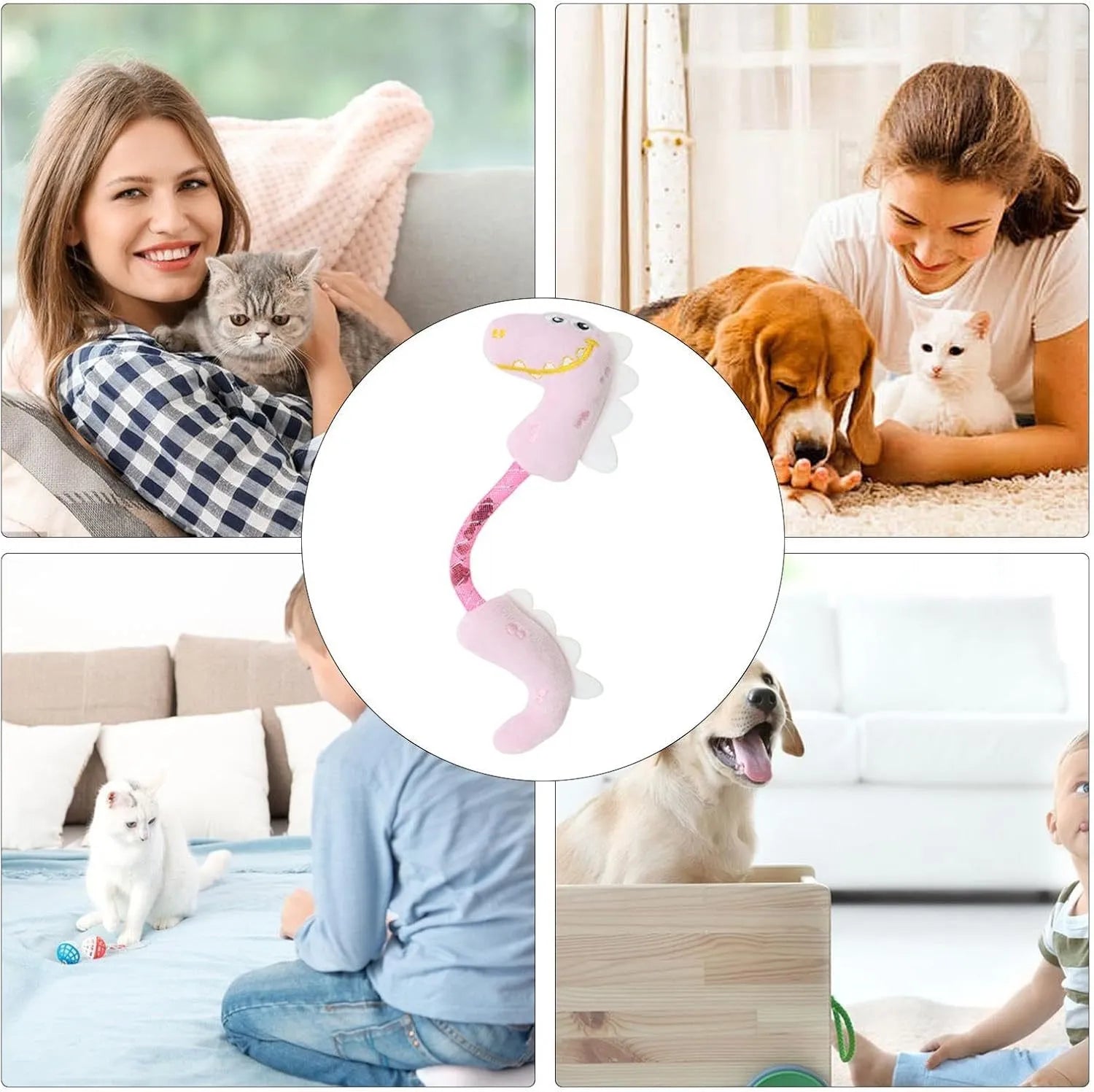 Set of four cat toys including plush, rope, and spring toys in pink, purple, and yellow colours
