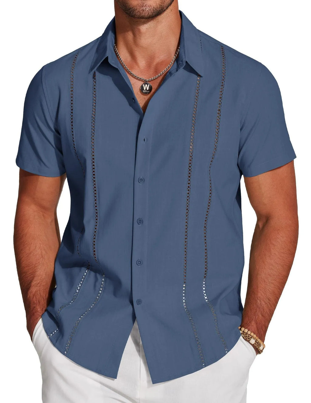 Men's slim fit Hawaiian short sleeve shirt with digital printing pattern and elastic polyester fabric