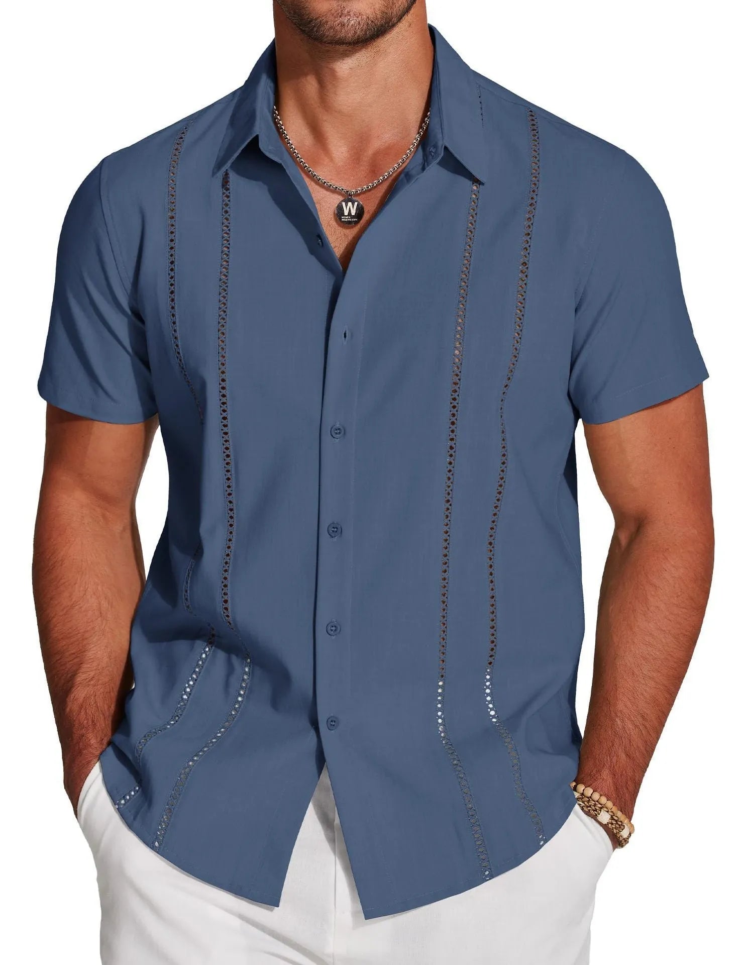 Men's slim fit Hawaiian short sleeve shirt with digital printing pattern and elastic polyester fabric