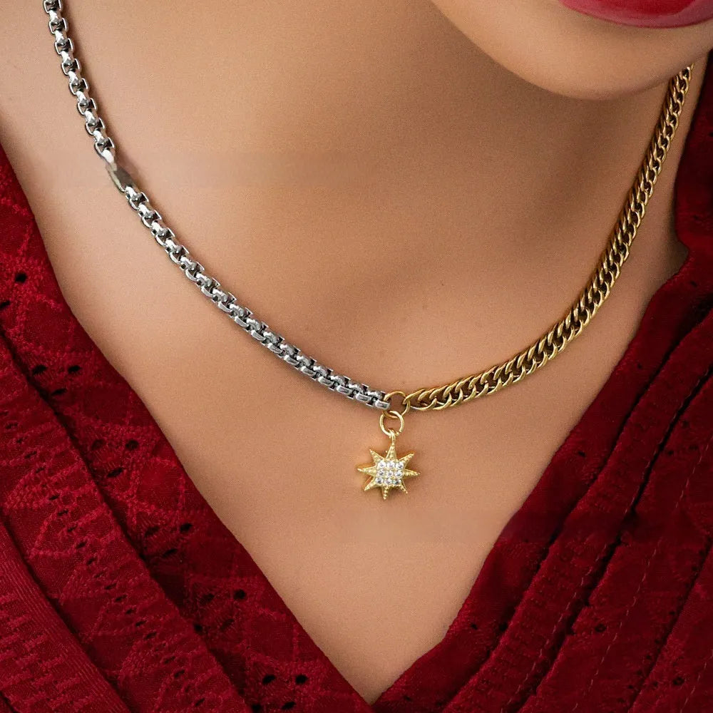 Gold dual-color patchwork pendant necklace on titanium steel chain, high polished finish