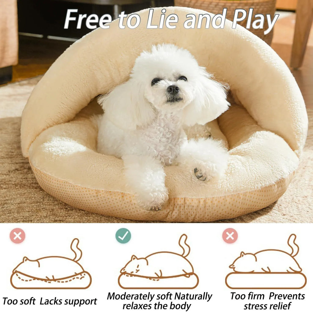 Plush slipper-shaped cat cave bed with corduroy exterior and Arctic velvet lining