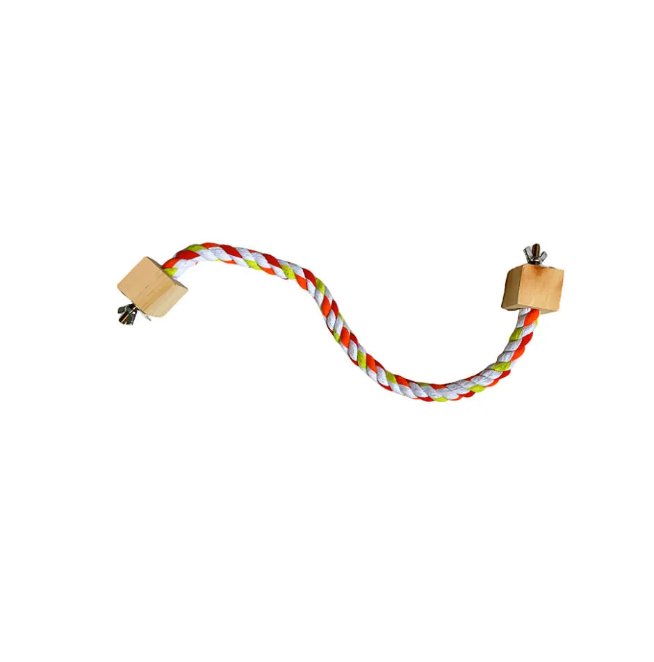 Parrot climbing rope toy with wooden swing rings on natural wood rope, 30-60cm length options