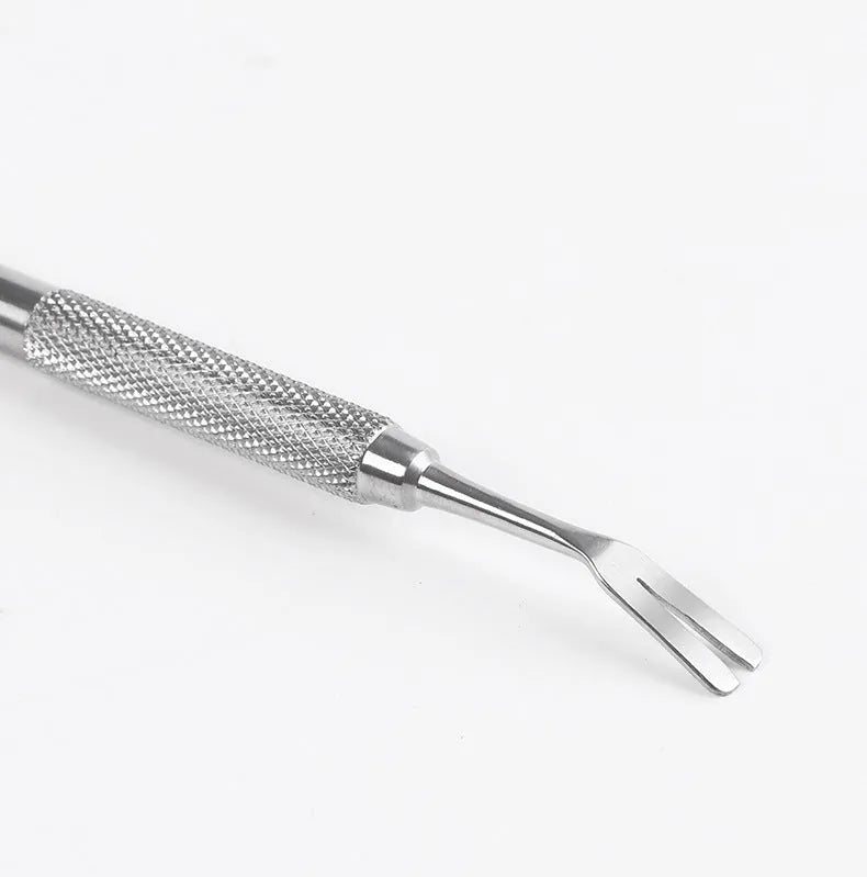 Close-up of silver stainless steel tick removal tweezers with fine pointed tip.
