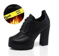 Women's platform high heels with thick heel, round toe, lace-up front, black PU upper, rubber sole