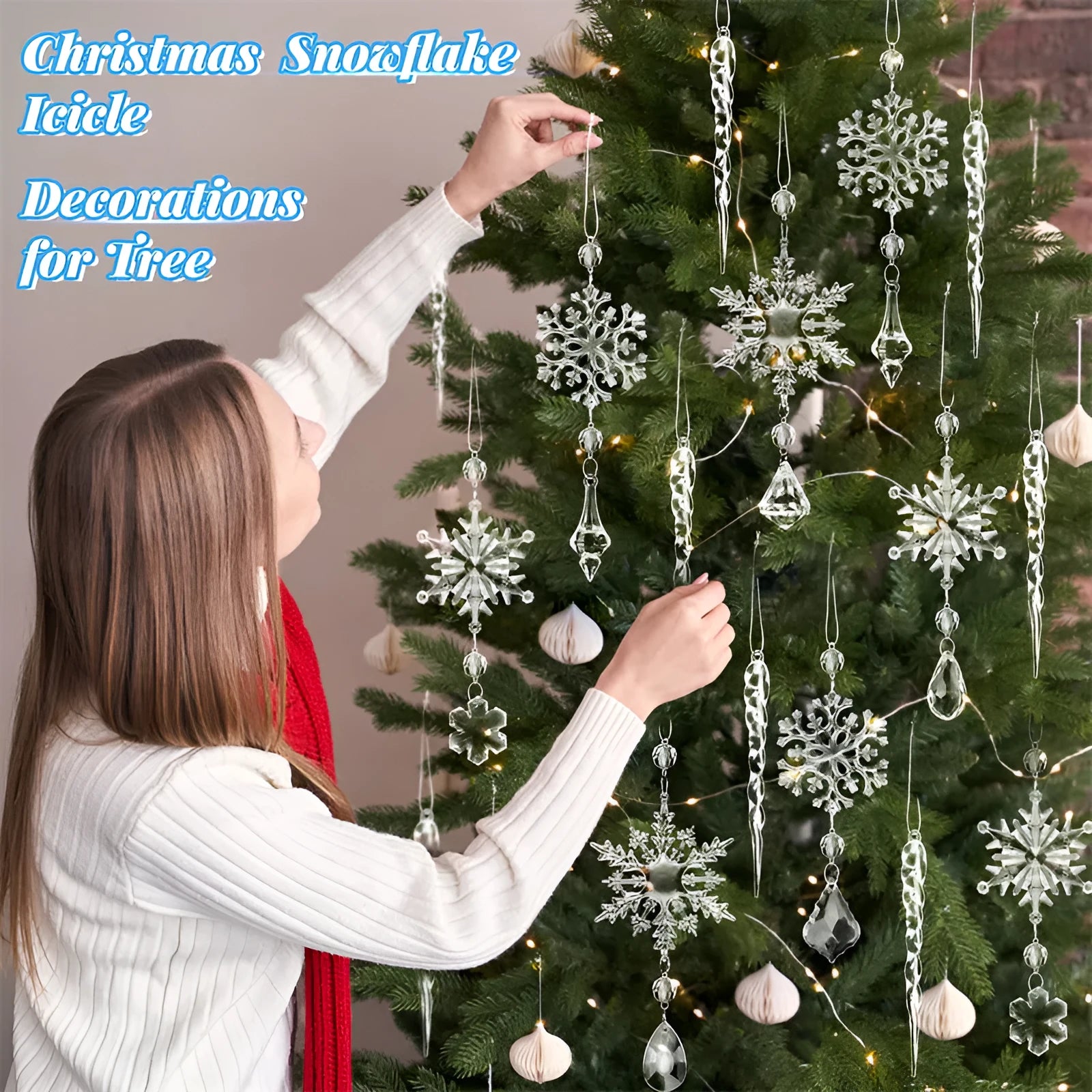 Set of 10 transparent acrylic icicle and snowflake Christmas tree hanging ornaments with ribbons.
