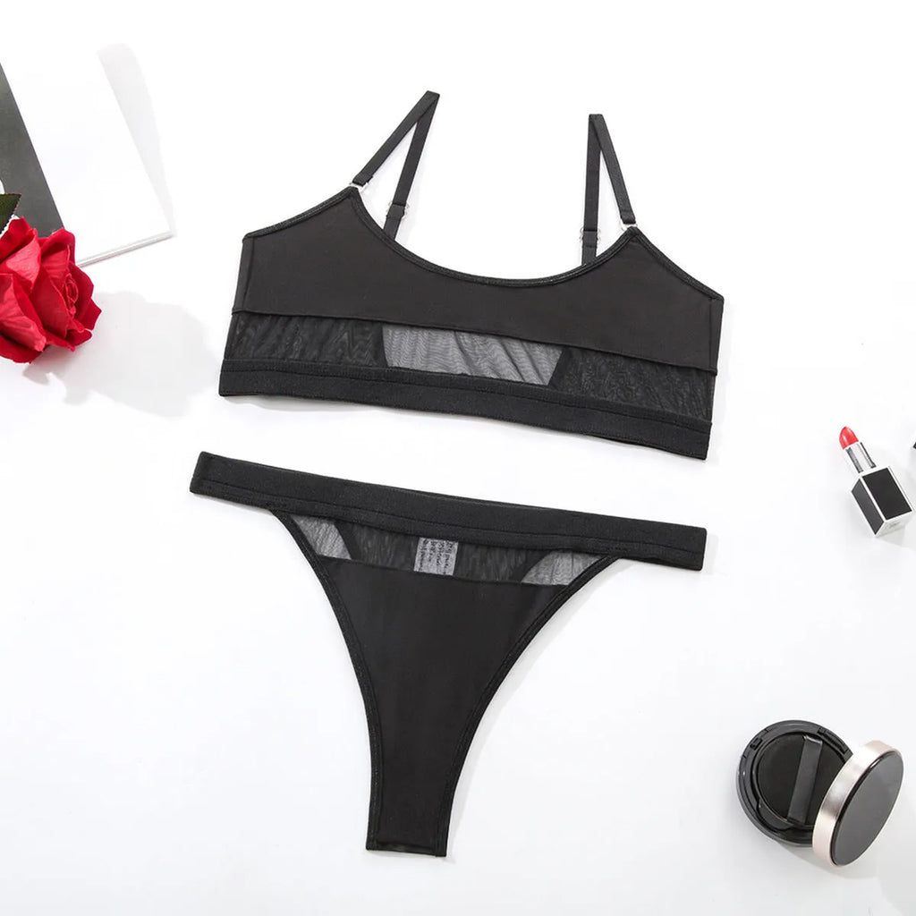 Women's black bra and panties set with fixed double-shoulder straps and full cup design