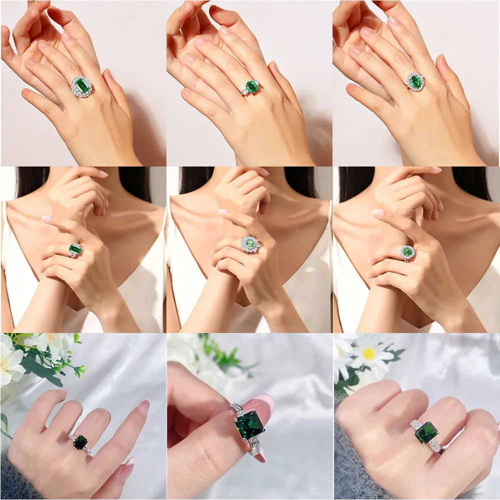 S925 silver ring with an inlaid green emerald stone and sparkling diamond detailing on a geometric band.