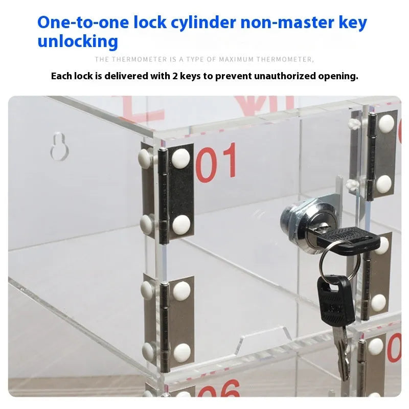 Transparent acrylic mobile phone storage cabinet with charging hole, small grid 10x5x18cm, for office desk use