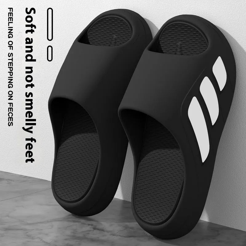 Brown and two-tone EVA platform slippers for indoor home use, shown in flip-flop style.