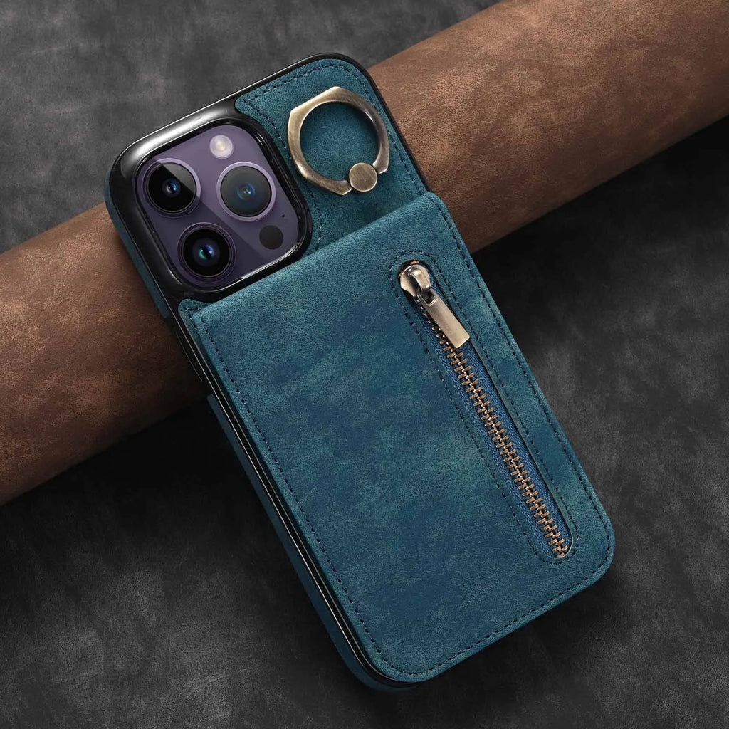 Vintage ring zipper card anti-theft phone case in black with lanyard and bracelet