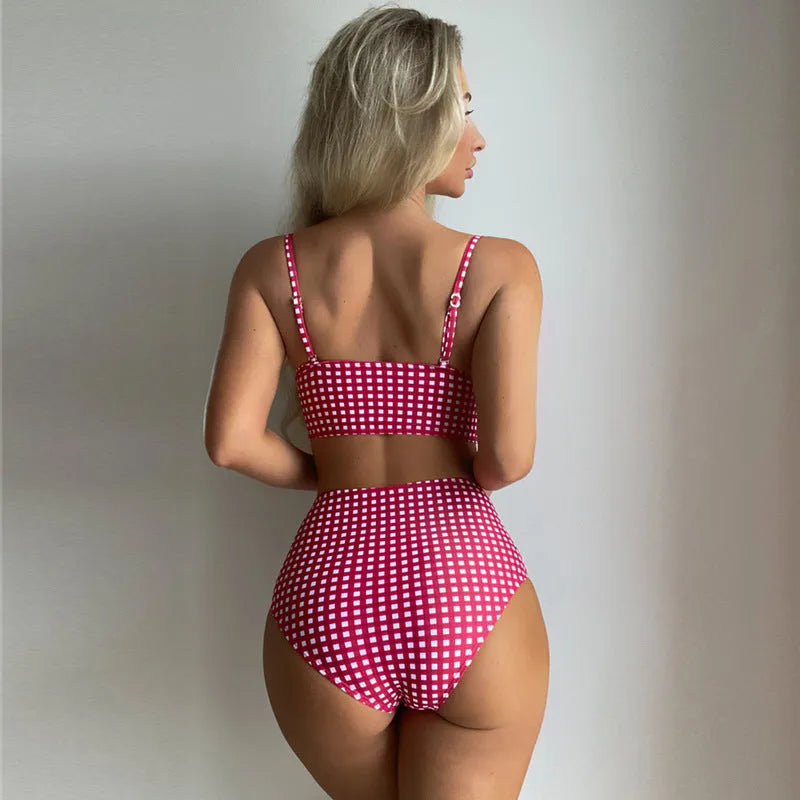 Women's plaid high-waisted bikini swimsuit set in rose red, shown with matching top and briefs.