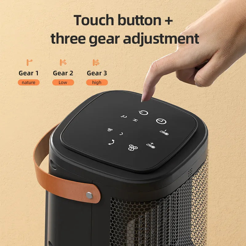 Black portable electric heater and air cooler with digital touch screen display and remote control.