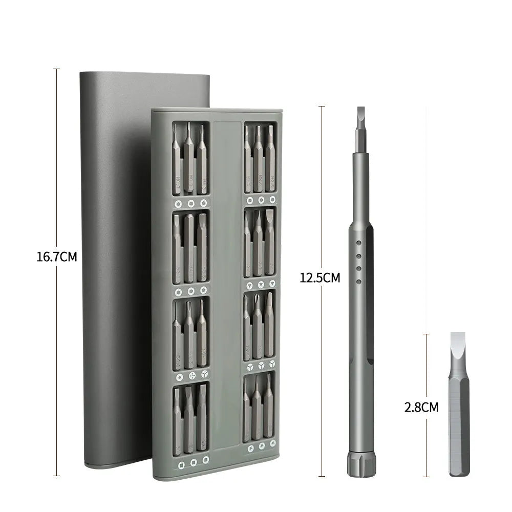 49 in 1 nickel aluminium bronze magnetic precision screwdriver set with cross and slotted bits.