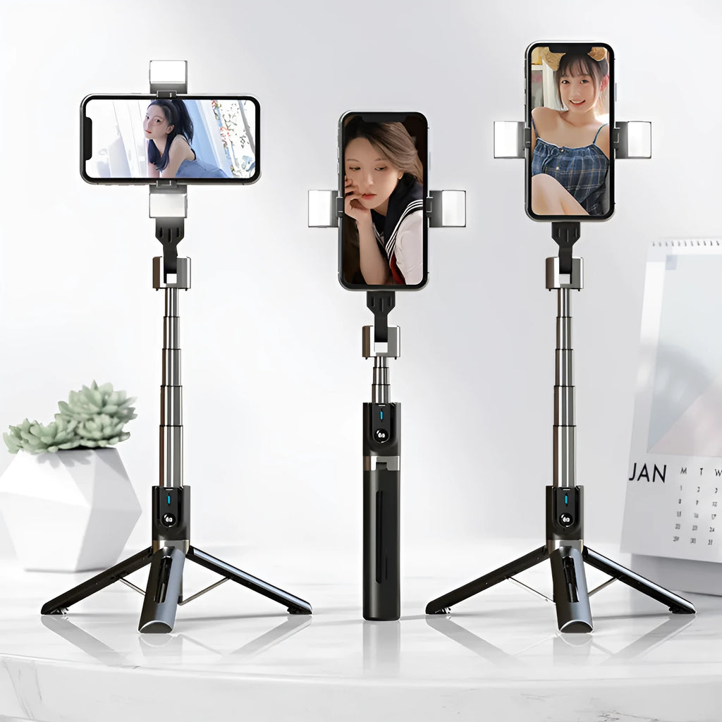 Black Bluetooth selfie stick with dual fill lights extended, showing aluminium telescopic arm