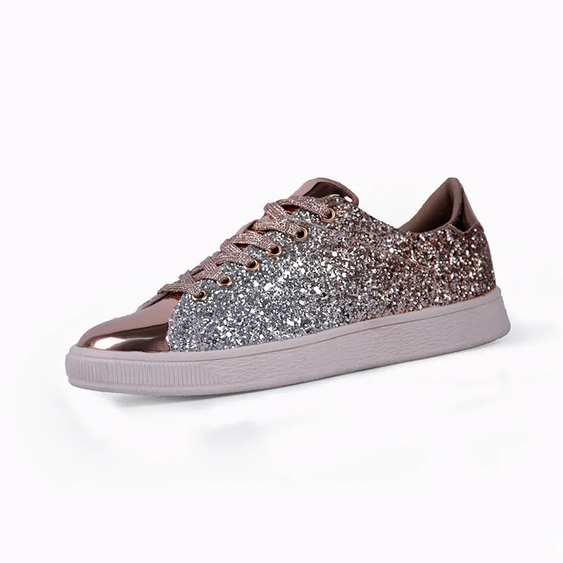 Women's colourful sequinned casual low-top shoes with lace-up front and round toe