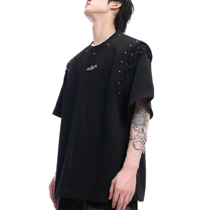 Black short-sleeve T-shirt with white lace-up cutout detail on the side
