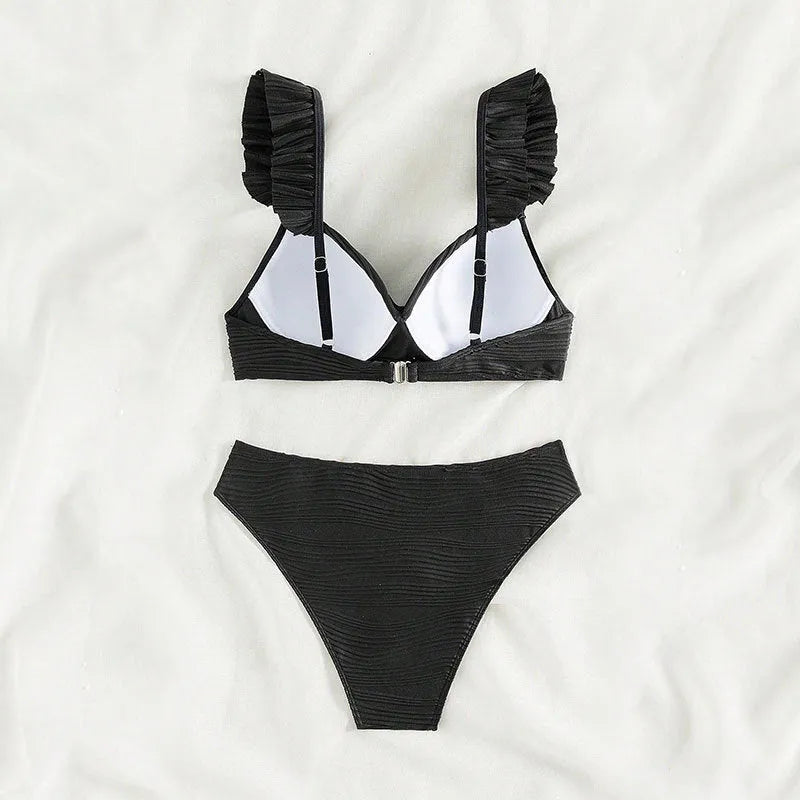 Women's solid colour bikini swimsuit set in black or khaki available in sizes S M L XL