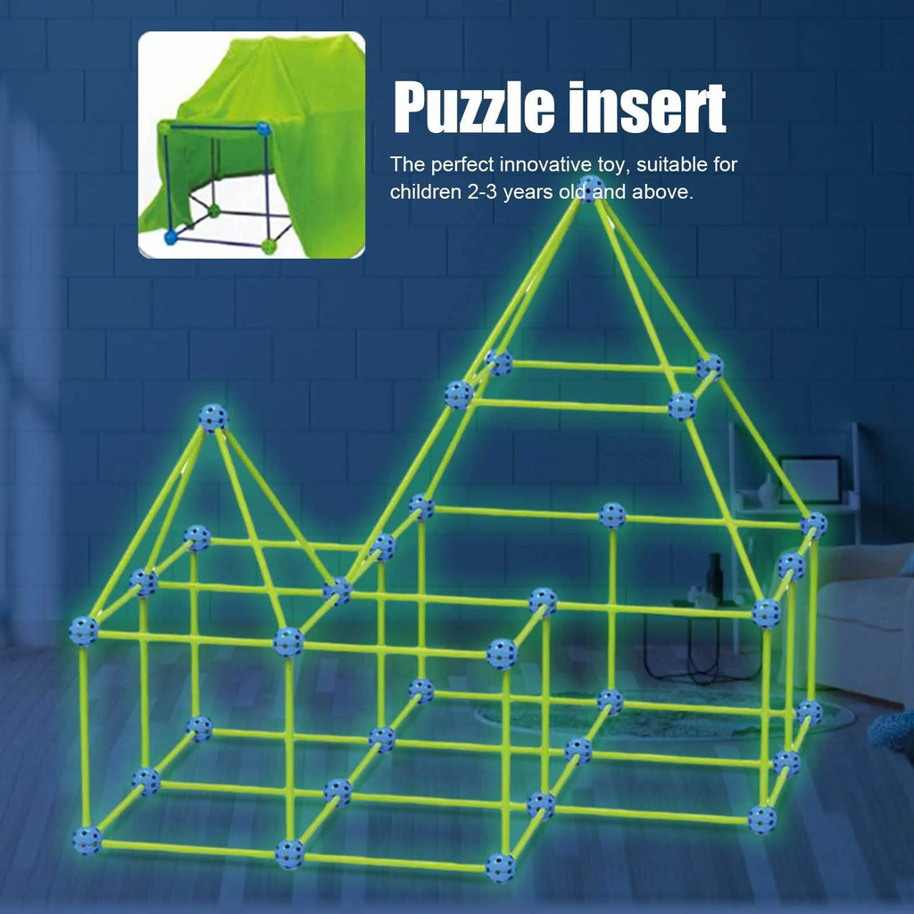 Luminous children's fort building kit with plastic rods, balls, and storage bag assembled into a play tent