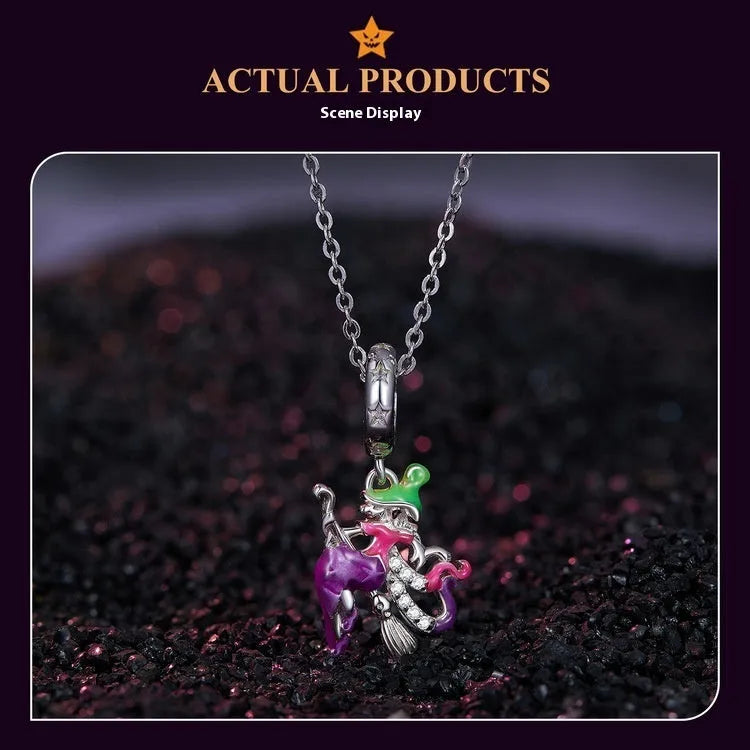 925 silver Halloween broom pendant with fluorescent finish, pumpkin and skull design, 25x13mm with 4.5mm hole