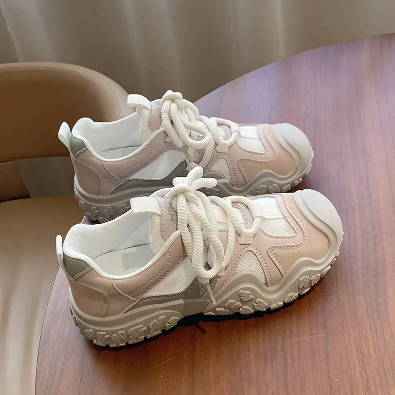 Women's casual mesh board shoes in beige with artificial PU upper and front lacing