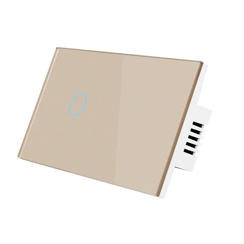 White RF remote control touch wall switch with tempered glass panel and 2-gang configuration