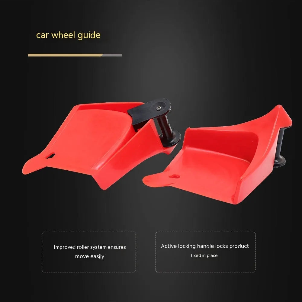 Four red plastic car stop parking blocks with non-slip rubber tread surfaces for tyre guidance