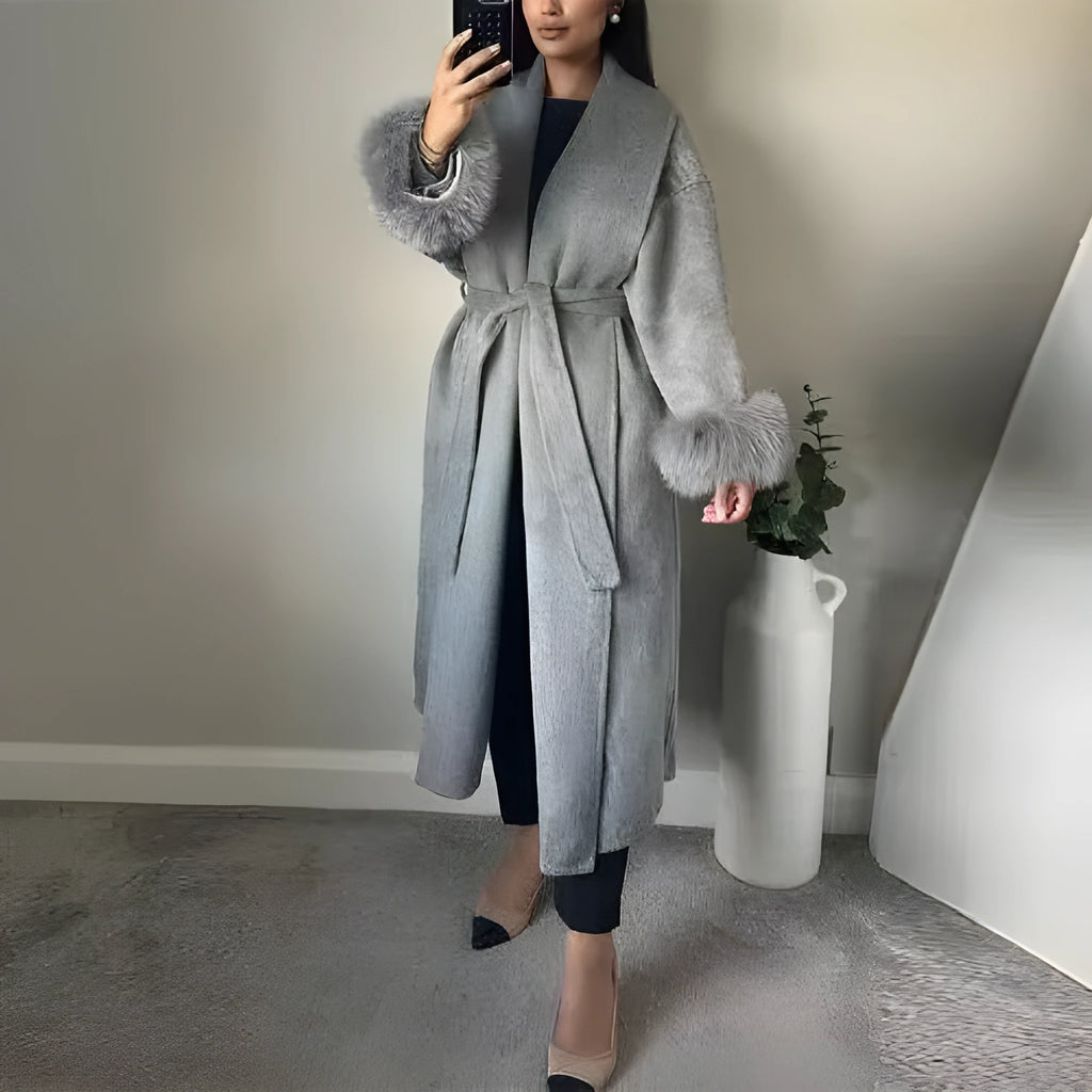 Women's loose fit woolen coat with lace cuffs in dark gray, apricot, or beige, sizes S to L