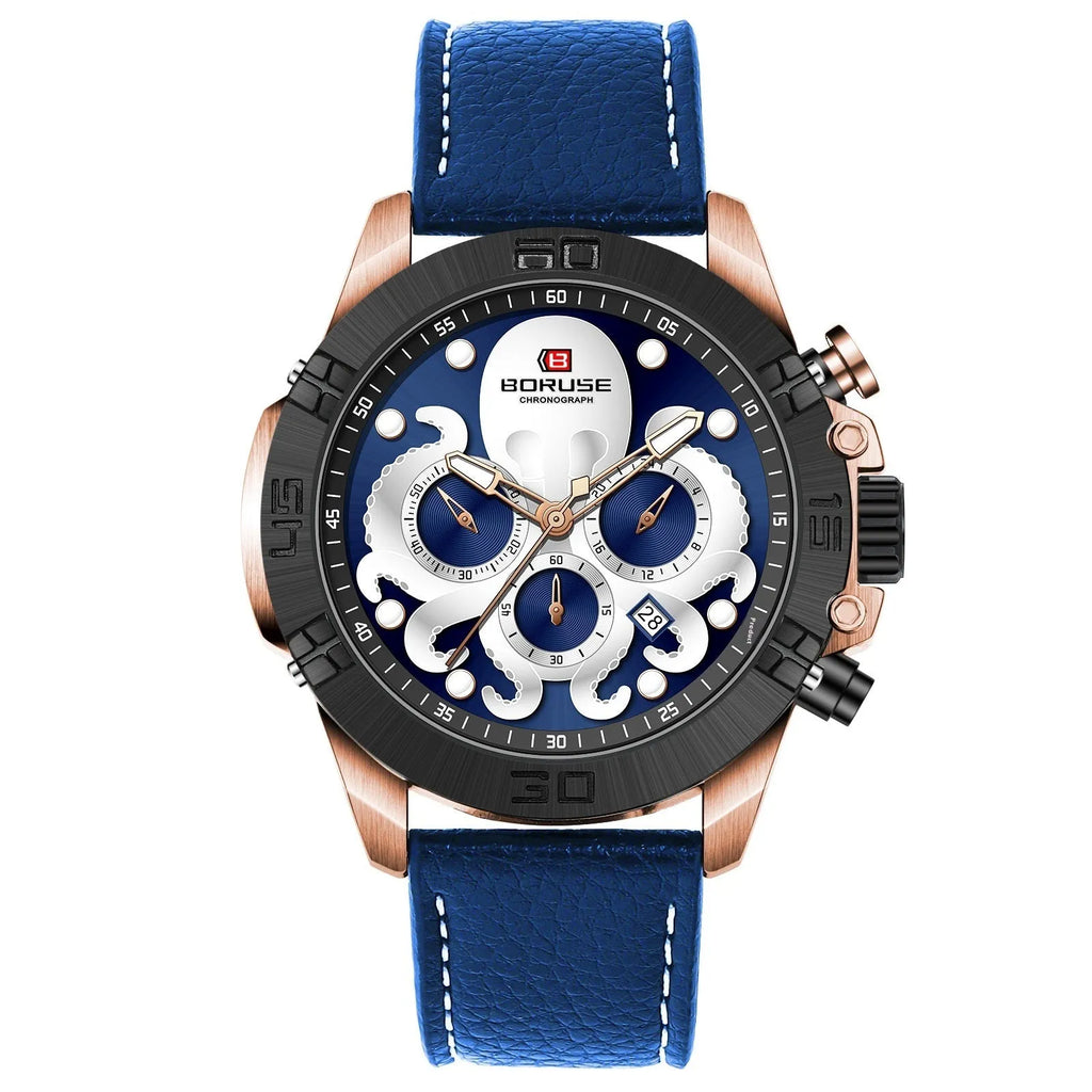 Octopus men's waterproof luminous quartz watch with 13mm thick case in blue and black colour options