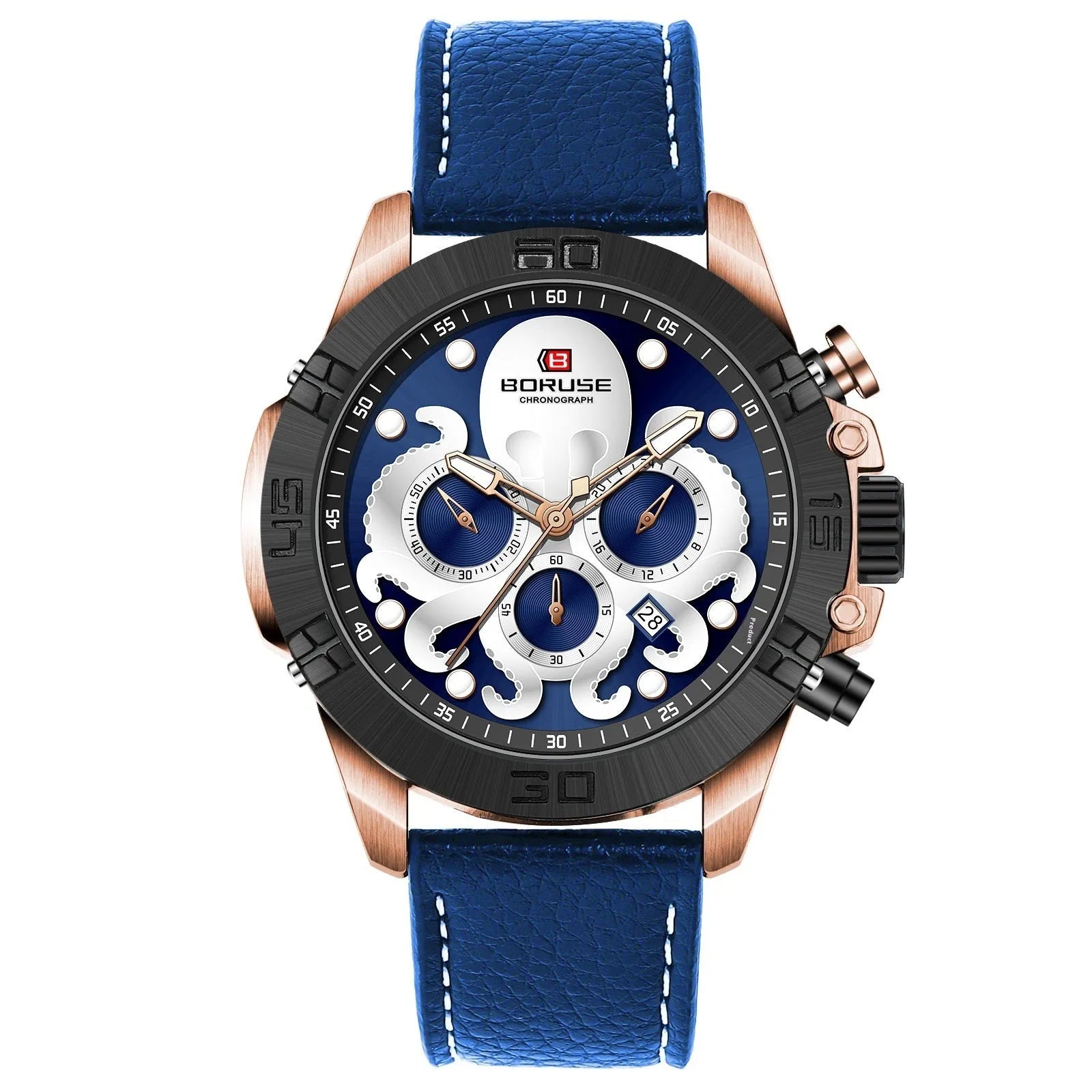 Octopus men's waterproof luminous quartz watch with 13mm thick case in blue and black colour options