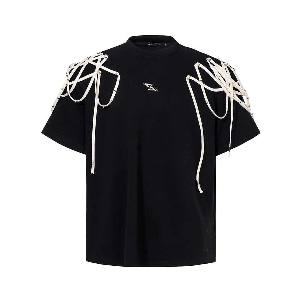 Black loose fit T-shirt with rivet ribbon padded shoulders and short sleeves