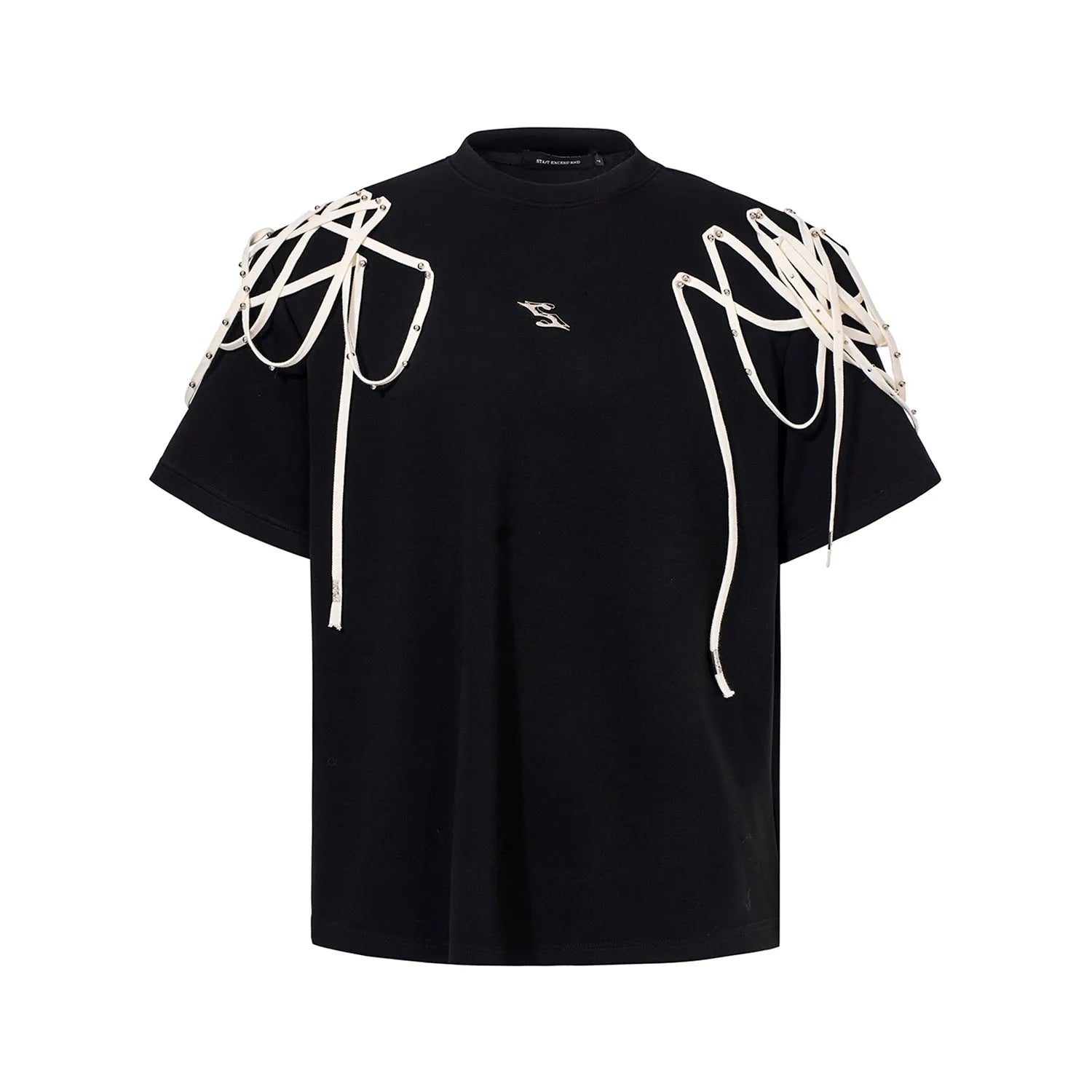 Black loose fit T-shirt with rivet ribbon padded shoulders and short sleeves