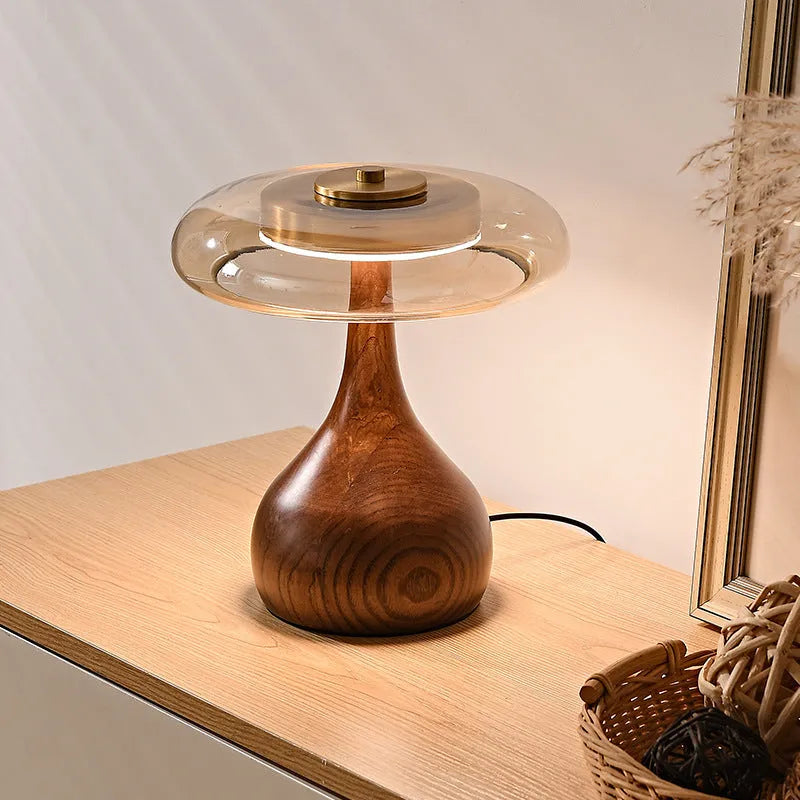 Solid wood Japanese retro bedside lamp with cognac fabric shade on wooden nightstand