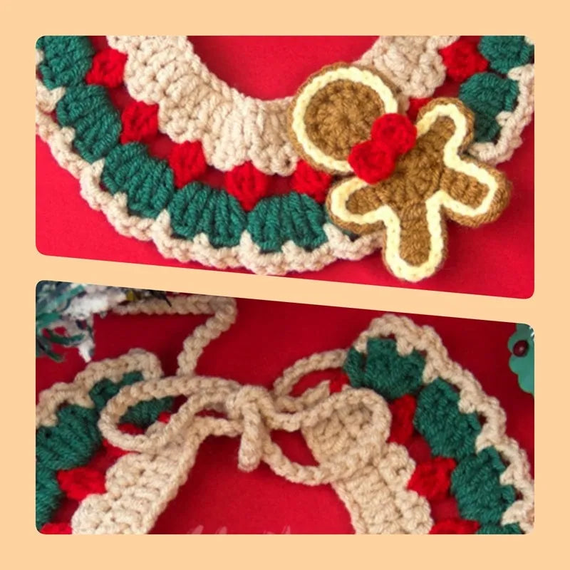 Adjustable Christmas knit pet collar with crochet elk pattern for cats and small dogs, sizes L and M