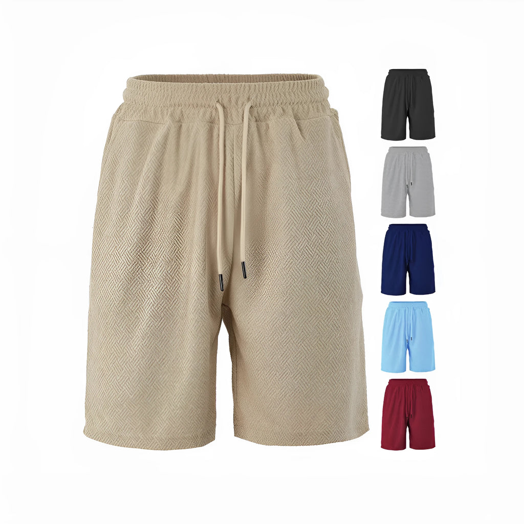 Men's loose fit towel jacquard casual shorts in khaki showing textured fabric and relaxed leg opening for summer