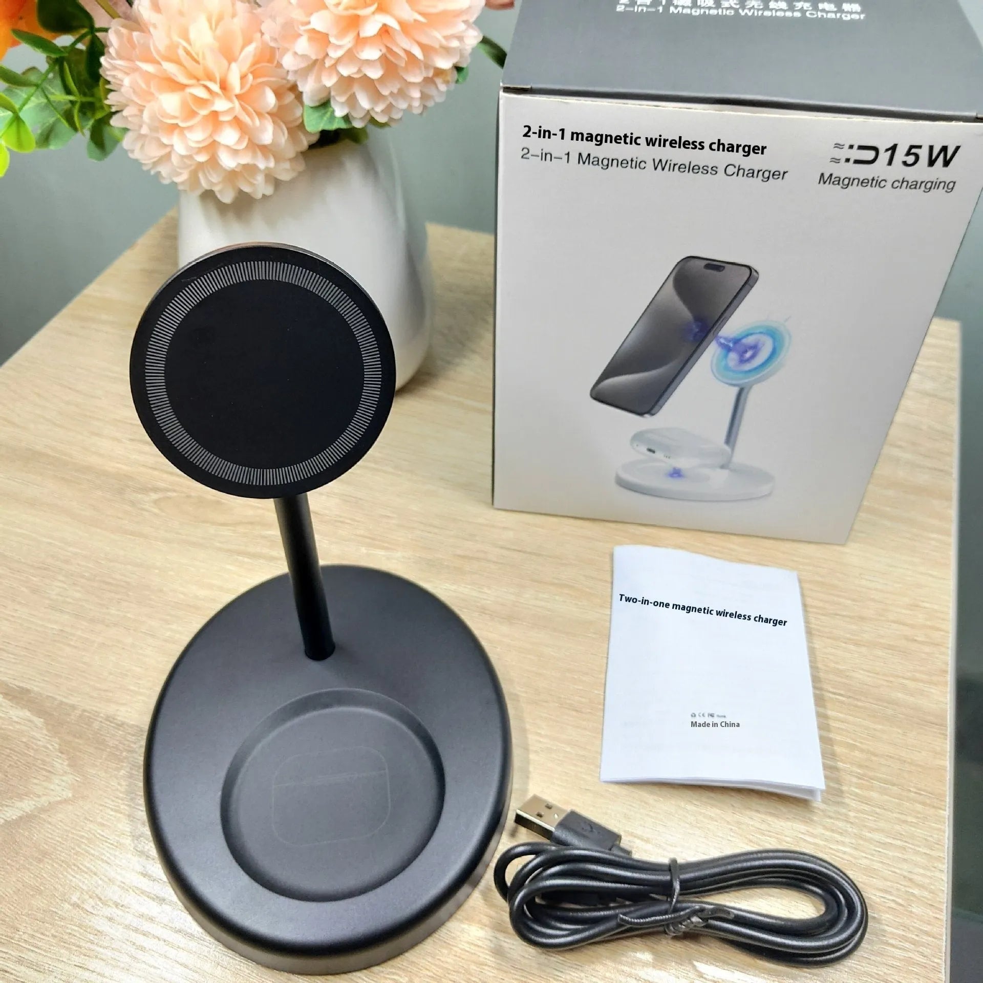 Vertical wireless charging stand with cooling holes for 30W fast charging of smartphones
