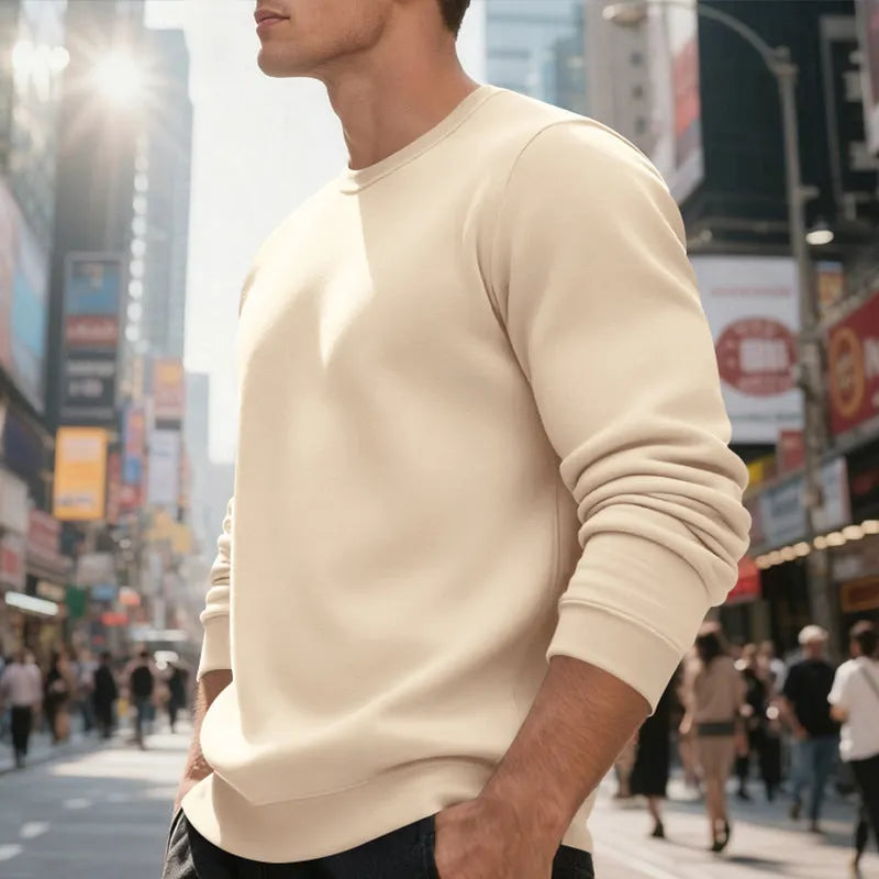Men's fleece-lined crew neck sweater in black, loose fit, long sleeves, pullover style
