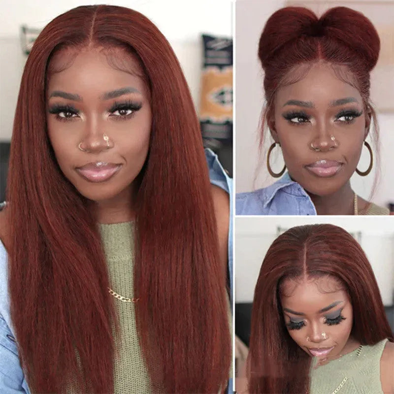 Medium split fluffy brown long straight hair wig 70cm length on neutral background