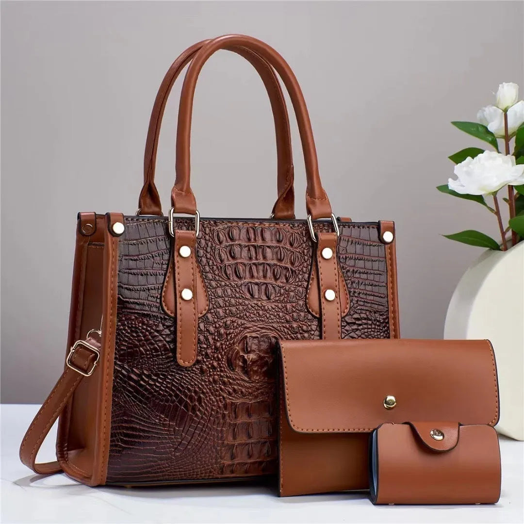 Women's PU leather bucket bag three-piece set with wallet and card holder in burgundy colour