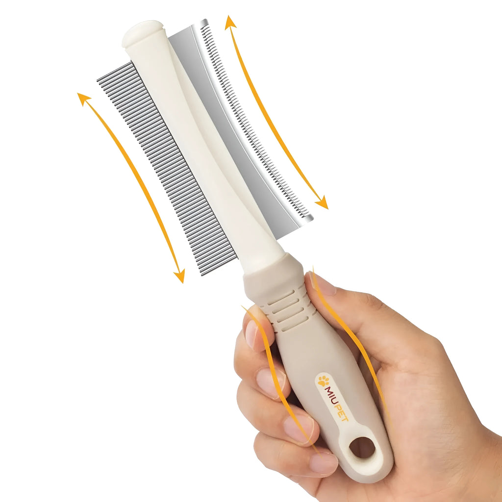 White 2 in 1 dog and cat deshedding brush with double-sided grooming comb and ergonomic handle.