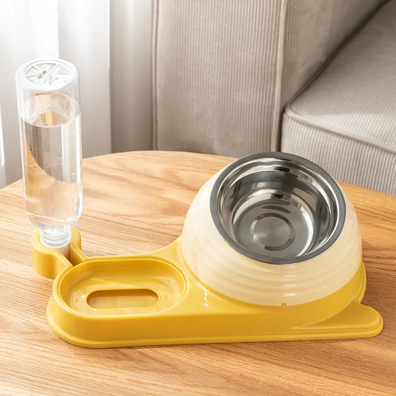 Brown elevated cat food bowl with automatic water dispenser bottle, whisker-friendly design
