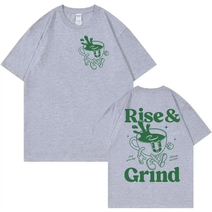 Loose fit linen cartoon t-shirt for teenage boys with Rise And Grind Green Coffee Fun Expression Bag print.