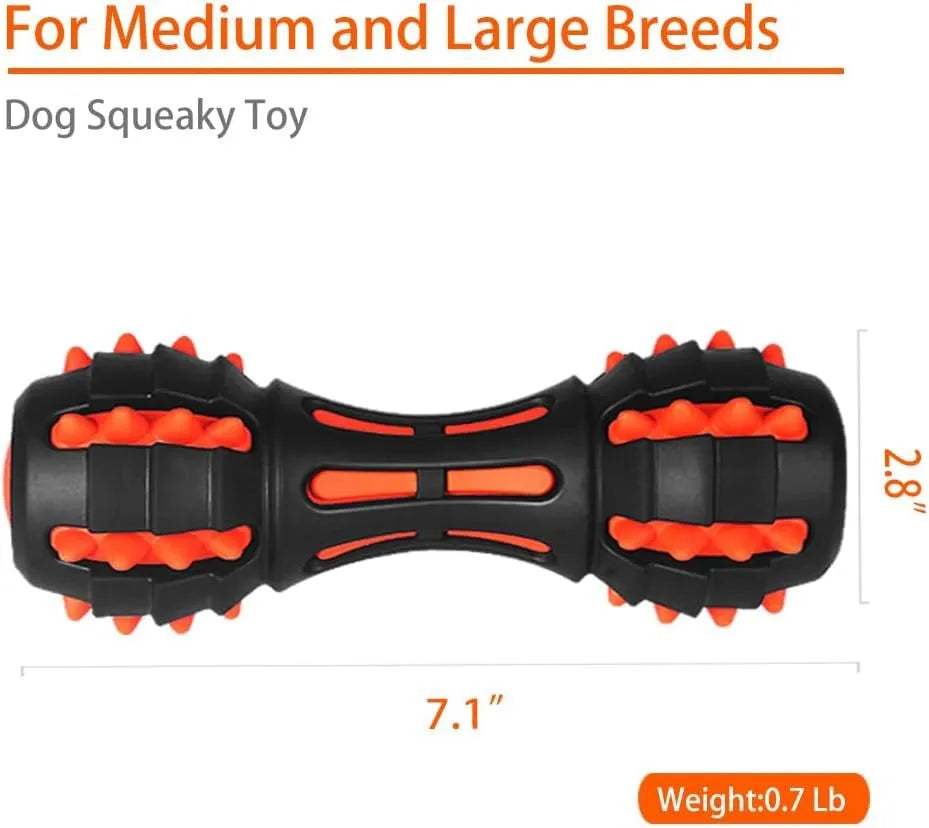 Red dumbbell-shaped natural rubber dog chew toy with squeaker for medium and large breeds