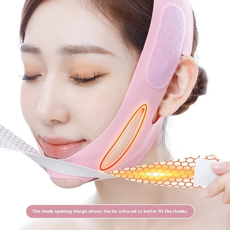 Pink and black elastic V face bandage with hook-and-loop fastening for facial contouring