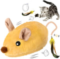 Interactive electric cat mouse toy with removable feather tail shown in grey and yellow colour options