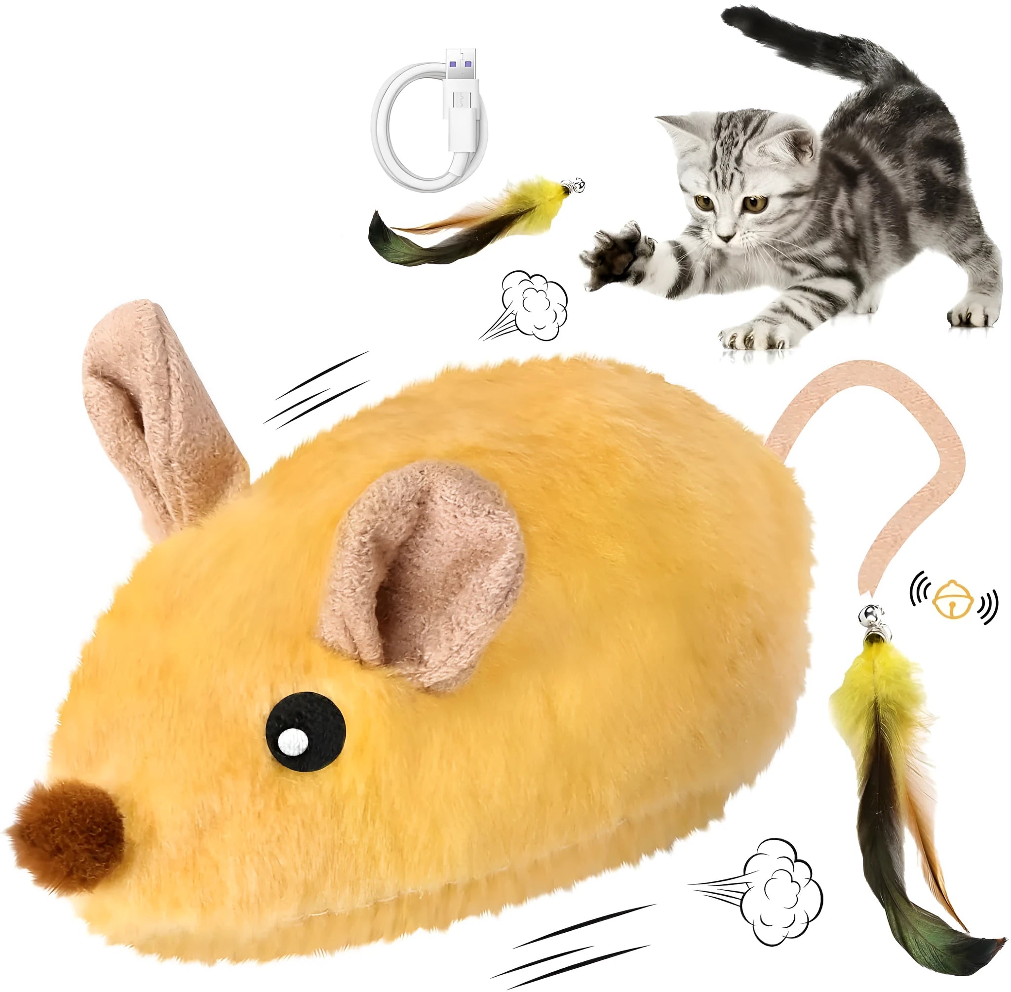 Interactive electric cat mouse toy with removable feather tail shown in grey and yellow colour options