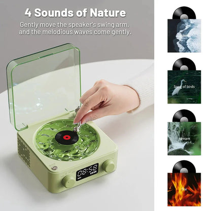 Retro Bluetooth Vinyl Record Player with Rotating Turntable, Nature Sounds, and RGB Lighting Effects